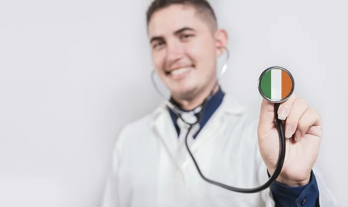 Framed Print : Doctor showing stethoscope with Ireland flag Framed Print : Doctor showing stethoscope with Ireland flag