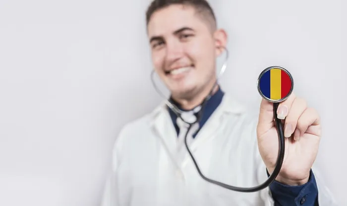 Framed Print : Doctor showing stethoscope with Romanian flag Framed Print : Doctor showing stethoscope with Romanian flag