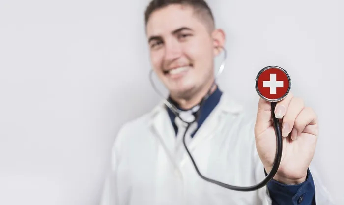 Framed Print : Doctor showing stethoscope with Switzerland flag Framed Print : Doctor showing stethoscope with Switzerland flag