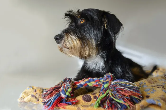 Framed Print : Dog with colored rope toy on a blanket Framed Print : Dog with colored rope toy on a blanket