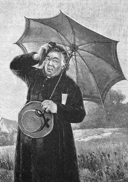 Framed Print : Dog Days, Priest in his habit with a parasol Framed Print : Dog Days, Priest in his habit with a parasol