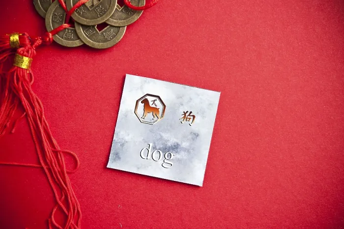 Framed Print : Dog zodiac card with Chinese character on a red background with coins Framed Print : Dog zodiac card with Chinese character on a red background with coins