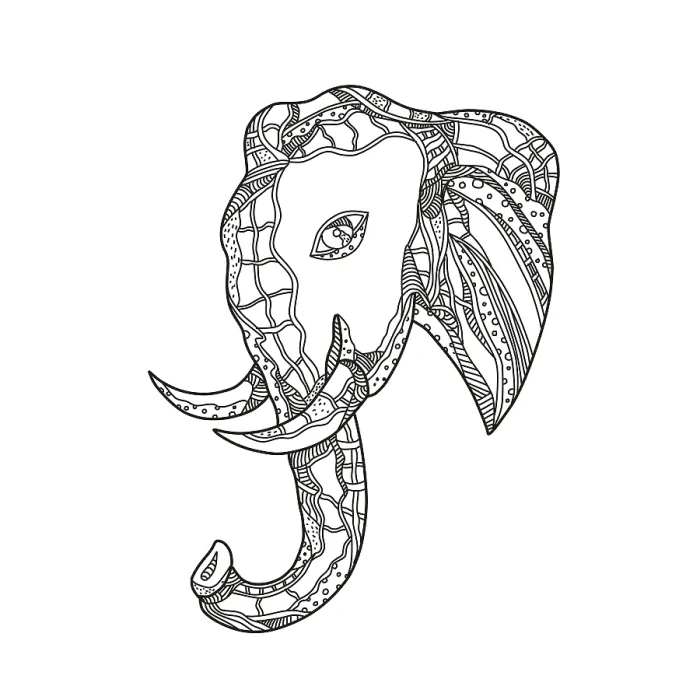 Framed Print : Doodle art illustration of bull african elephant head viewed from side in black and white done in mandala style
