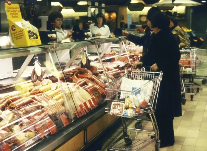 Framed Print : Dortmund. Customers shopping in a sopermarket in 1982 Meat and sausage products Framed Print : Dortmund. Customers shopping in a sopermarket in 1982 Meat and sausage products