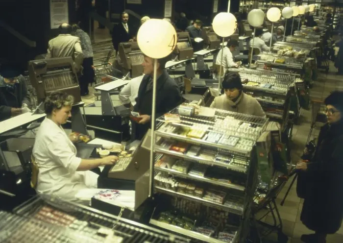 Framed Print : Dortmund. Customers shopping in a Sopermarkt in 1982