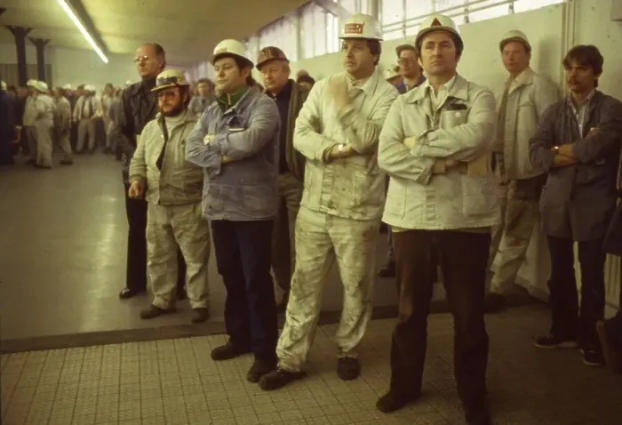Framed Print : Dortmund. Hoesch steel workers at a works meeting Framed Print : Dortmund. Hoesch steel workers at a works meeting