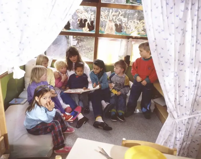 Framed Print : Dortmund. Kindergarten with care for children of age (pre-school) and pupils with chores in 1990