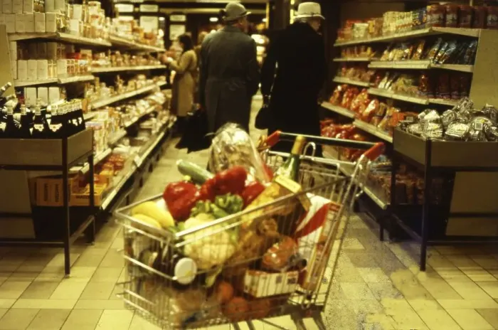 Framed Print : Dortmund. Shopping basket in a supermarket ca 1982