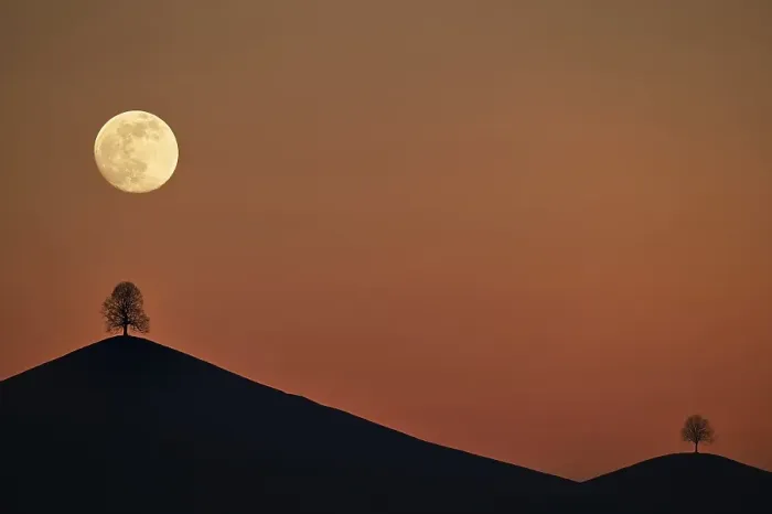 Framed Print : Double exposure, full moon before sunset with trees on moraine hill