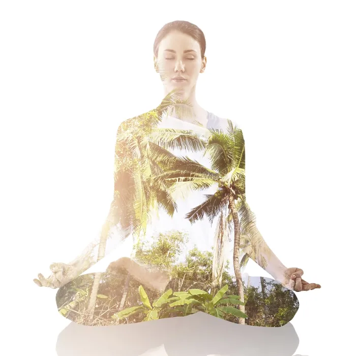 Framed Print : Double exposure of young woman practicing yogaand nature
