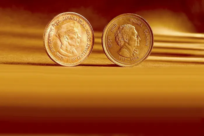 Framed Print : Double pair Indian currency five rupees coin front side