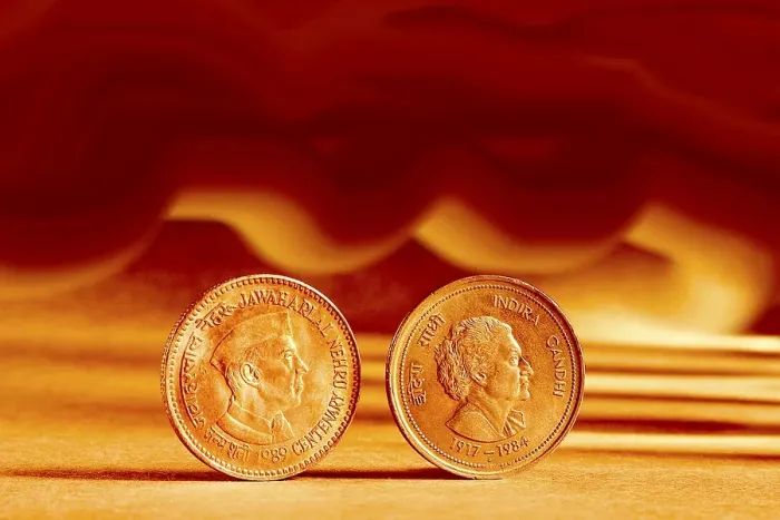 Framed Print : Double pair Indian currency five rupees coin and artistic background backside embossed Jawaharlal Nehru Centenary 1989 and Indira Gandhi 1917-1984