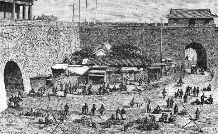Framed Print : Double Tor tor of the city wall of Peking or Beijing and market place with merchants, stalls, many people, buildings, travelling in Asia, China, historical illustration 1887, Asia