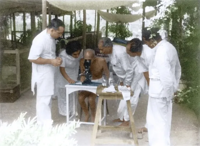Framed Print : Dr Gajjar showing Mahatma Gandhi hookworm ova under microscope, Mumbai, India, Asia, May 1944, Asia