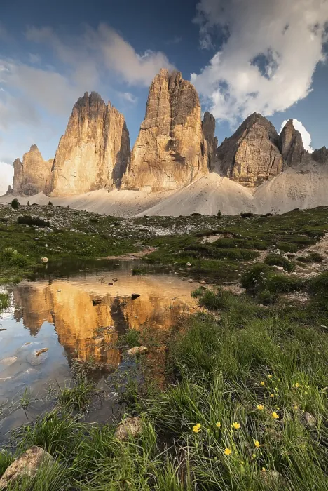 Framed Print : Dramatic Three Peaks rocks in the evening light are reflected in a small pond with wild flowers Framed Print : Dramatic Three Peaks rocks in the evening light are reflected in a small pond with wild flowers