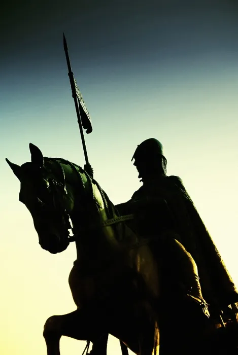 Framed Print : Dramatic silhouette of a st. Venceslav knight on horseback with a spear and flag at sunset