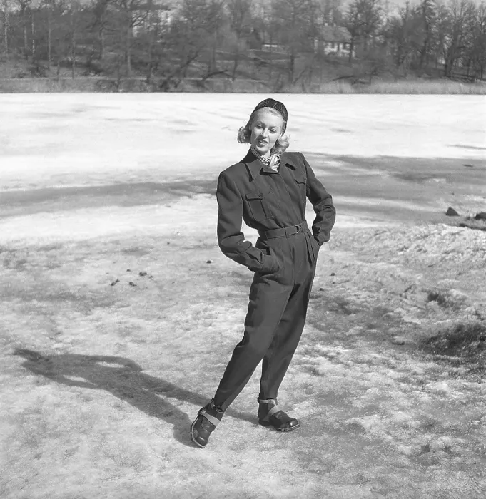Framed Print : Dressed for autumn and winter in the 1940s A young woman is wearing a jacket. ski pants and ski boots. Sweden 1947. Kristoffersson ref AB15-3