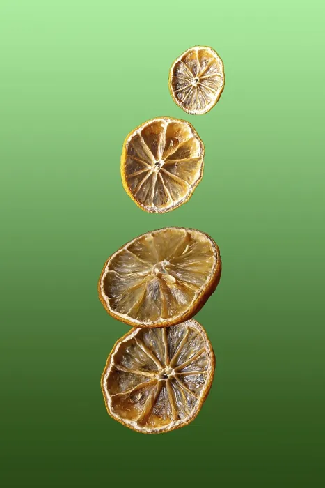 Framed Print : Dried fruit lemons fly on green gradient background