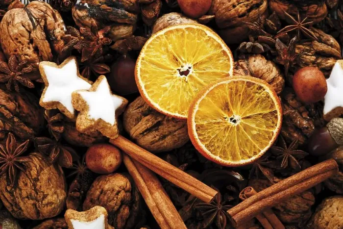 Framed Print : Dried slices of orange with Christmas decoration