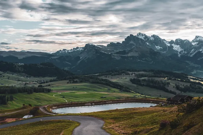 Framed Print : Drinking water reservoir on mountain background on the Seiser Alm in the Dolomites in South Tyrol