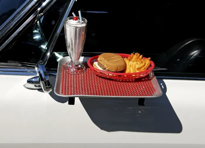 Framed Print : Drive-in restaurant tray attached to a 1965 Pontiac at a Classic Car Show in Belvidere