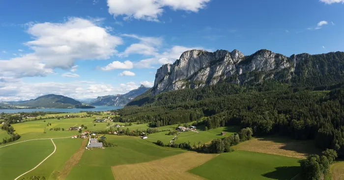 Framed Print : Drone image, Drachenwand with Schafberg in Mondseeland