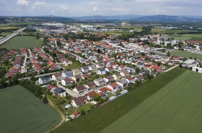 Framed Print : Drone image, housing estate, detached houses and apartment blocks Framed Print : Drone image, housing estate, detached houses and apartment blocks