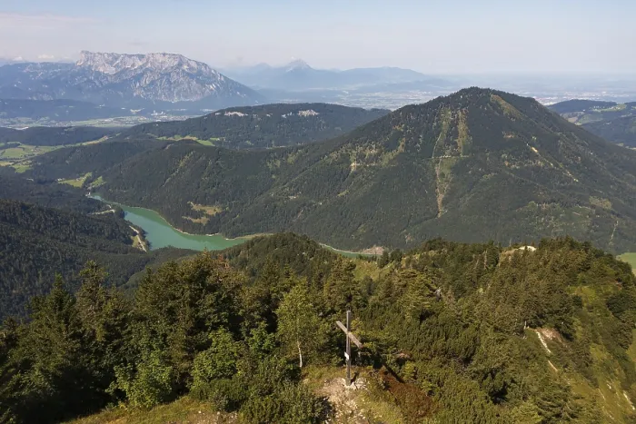 Framed Print : Drone image, summit cross on the Ochsenberg with Untersberg and Wiestal reservoir