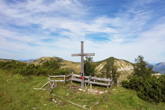 Framed Print : Drone image of the summit cross on the Pitscherberg with a view of the Osterhorn