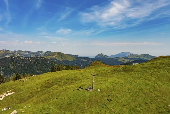 Framed Print : Drone image, at the summit of the Taborberg with a view of the Osterhorn group Framed Print : Drone image, at the summit of the Taborberg with a view of the Osterhorn group
