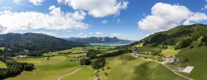 Framed Print : Drone photo, panorama photo, village Loibichl at Mondsee with Drachenwand and Schober