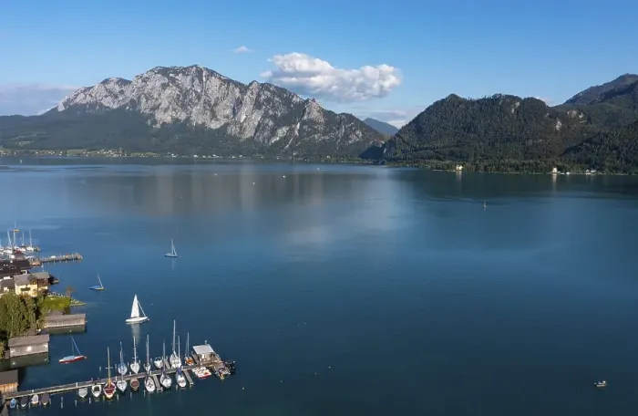 Framed Print : Drone recording, Unterach am Attersee with Hoellengebirge