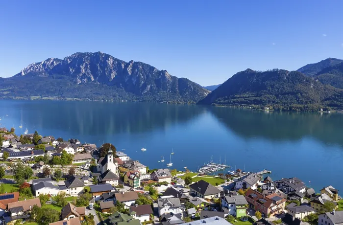 Framed Print : Drone recording, Unterach am Attersee with Hoellengebirge Framed Print : Drone recording, Unterach am Attersee with Hoellengebirge