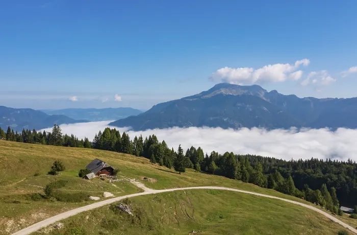 Framed Print : Drone shot, alpine landscape, view from Breitenberg to Schafberg