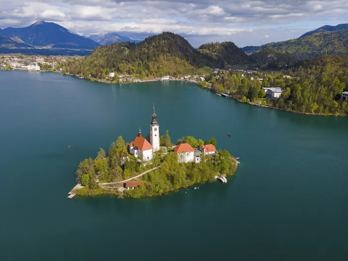Framed Print : Drone shot, Bled Island with St Framed Print : Drone shot, Bled Island with St