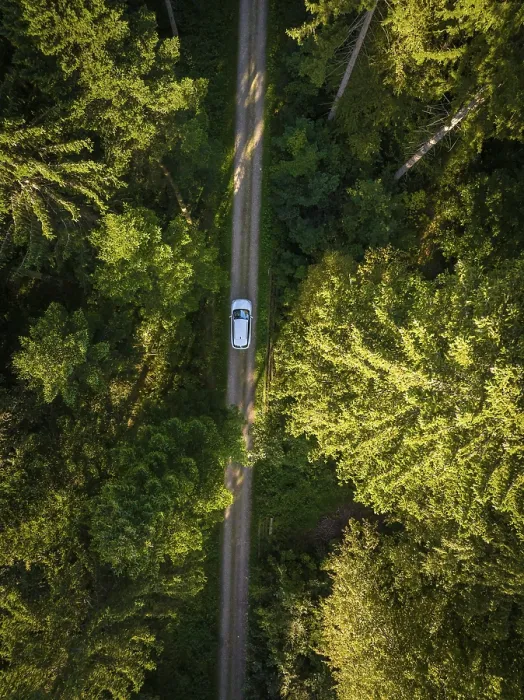 Framed Print : Drone shot of a car on a narrow forest path between trees
