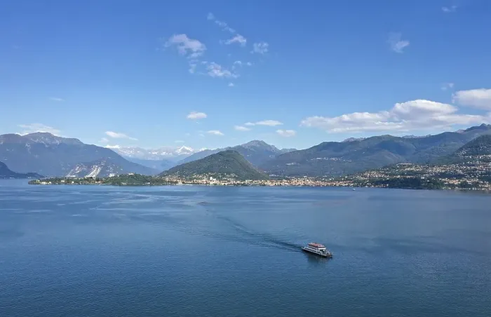 Framed Print : Drone shot, drone photo of the ferry on Lake Maggiore with Alpine panorama Framed Print : Drone shot, drone photo of the ferry on Lake Maggiore with Alpine panorama