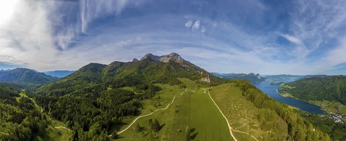 Framed Print : Drone shot, Eisenaualm with Schafberg and Mondsee