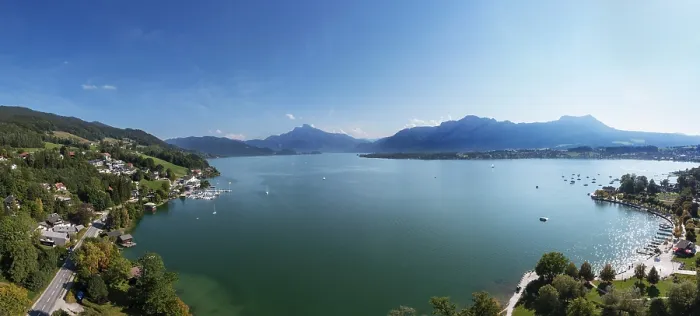 Framed Print : Drone shot, lakeside promenade with Schafberg and Drachenwand