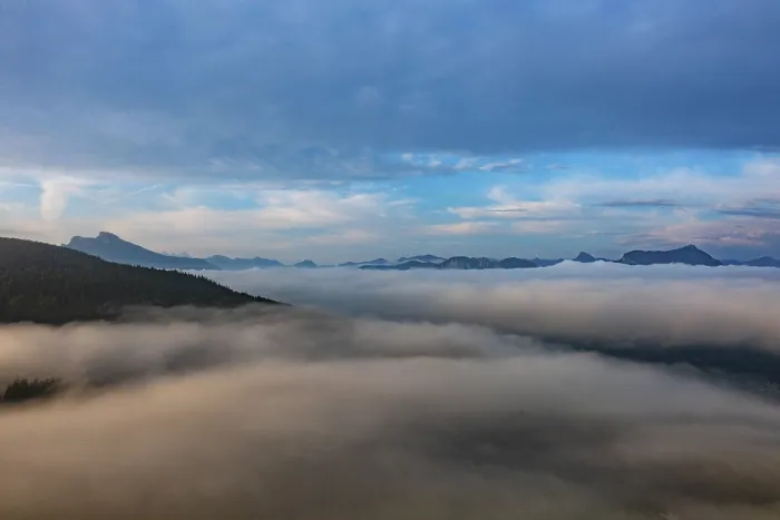 Framed Print : Drone shot, morning fog on Mondseeberg with Schafberg