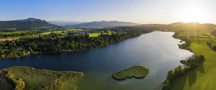Framed Print : Drone shot, Niedersonthofener See, Oberallgaeu, Bavaria, Germany, Europe Framed Print : Drone shot, Niedersonthofener See, Oberallgaeu, Bavaria, Germany, Europe