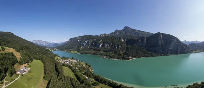 Framed Print : Drone shot, panorama shot, Pichl Auhof at Mondsee with Schafberg