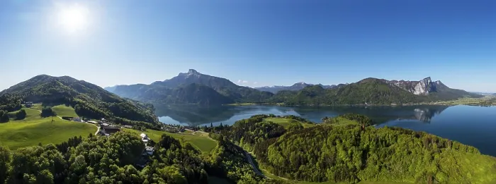 Framed Print : Drone shot, Pichl Auhof at Mondsee with Schafberg