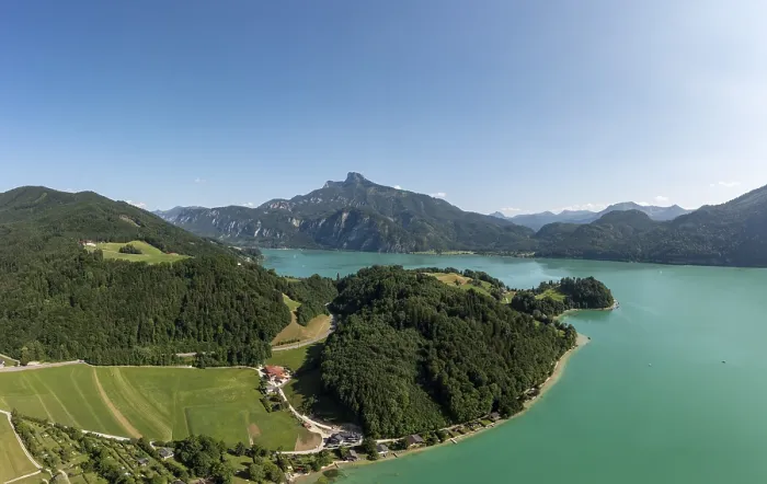 Framed Print : Drone shot, Pichl Auhof at Mondsee with Schafberg