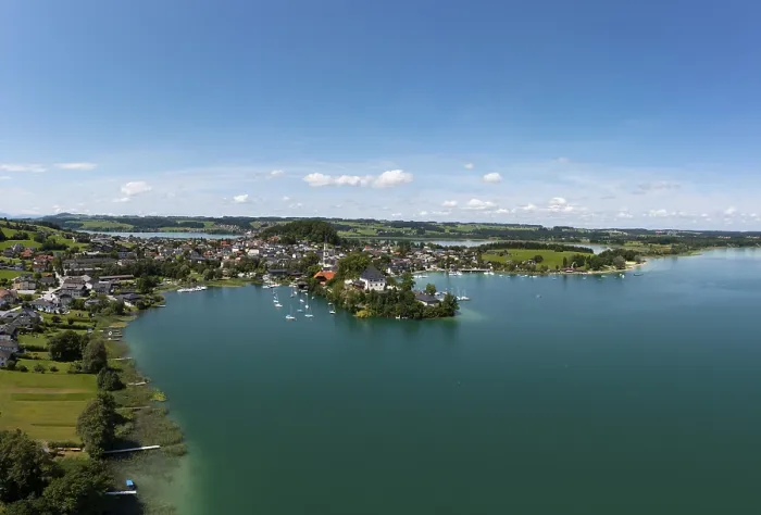 Framed Print : Drone shot, place and lake Mattsee