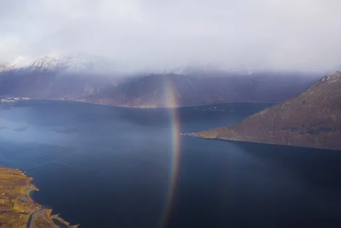 Framed Print : Drone shot, rainbow over the village of Fjordgard Framed Print : Drone shot, rainbow over the village of Fjordgard