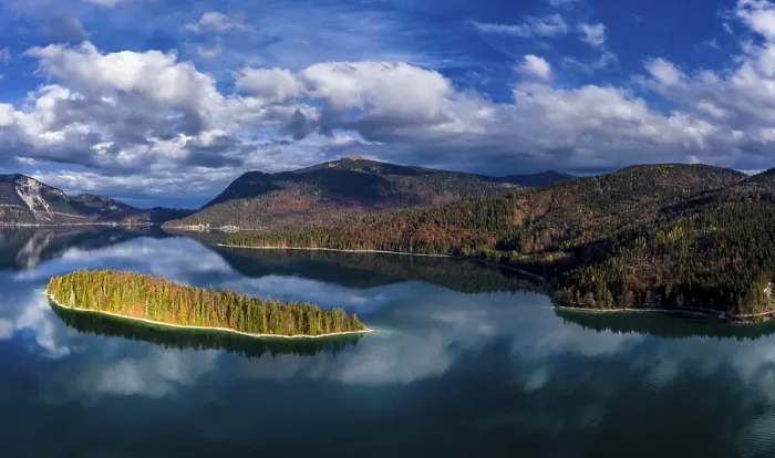 Framed Print : Drone shot, Sassau Island in Walchensee