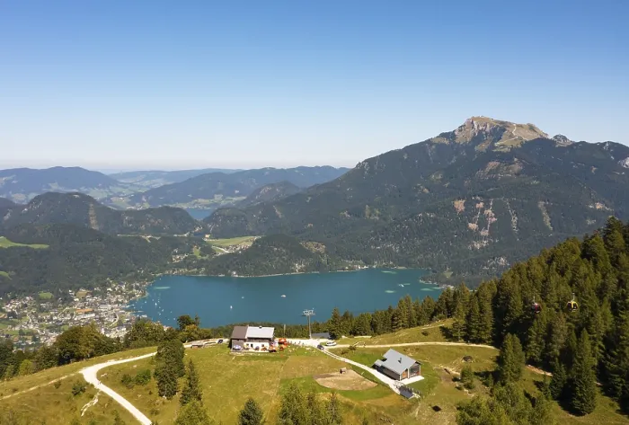 Framed Print : Drone shot, Sausteigalm with Sankt Gilgen am Wolfgangsee and Schafberg