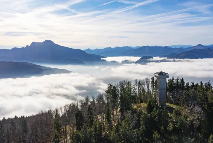 Framed Print : Drone shot, sea of fog in the Mondseeland with observation tower on the Kulmspitze