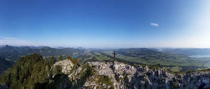 Framed Print : Drone shot, summit cross on the Schober with a view of Mondsee and Fuschlsee